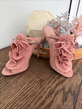 Blush Pink Floral Suede High Heel Mules